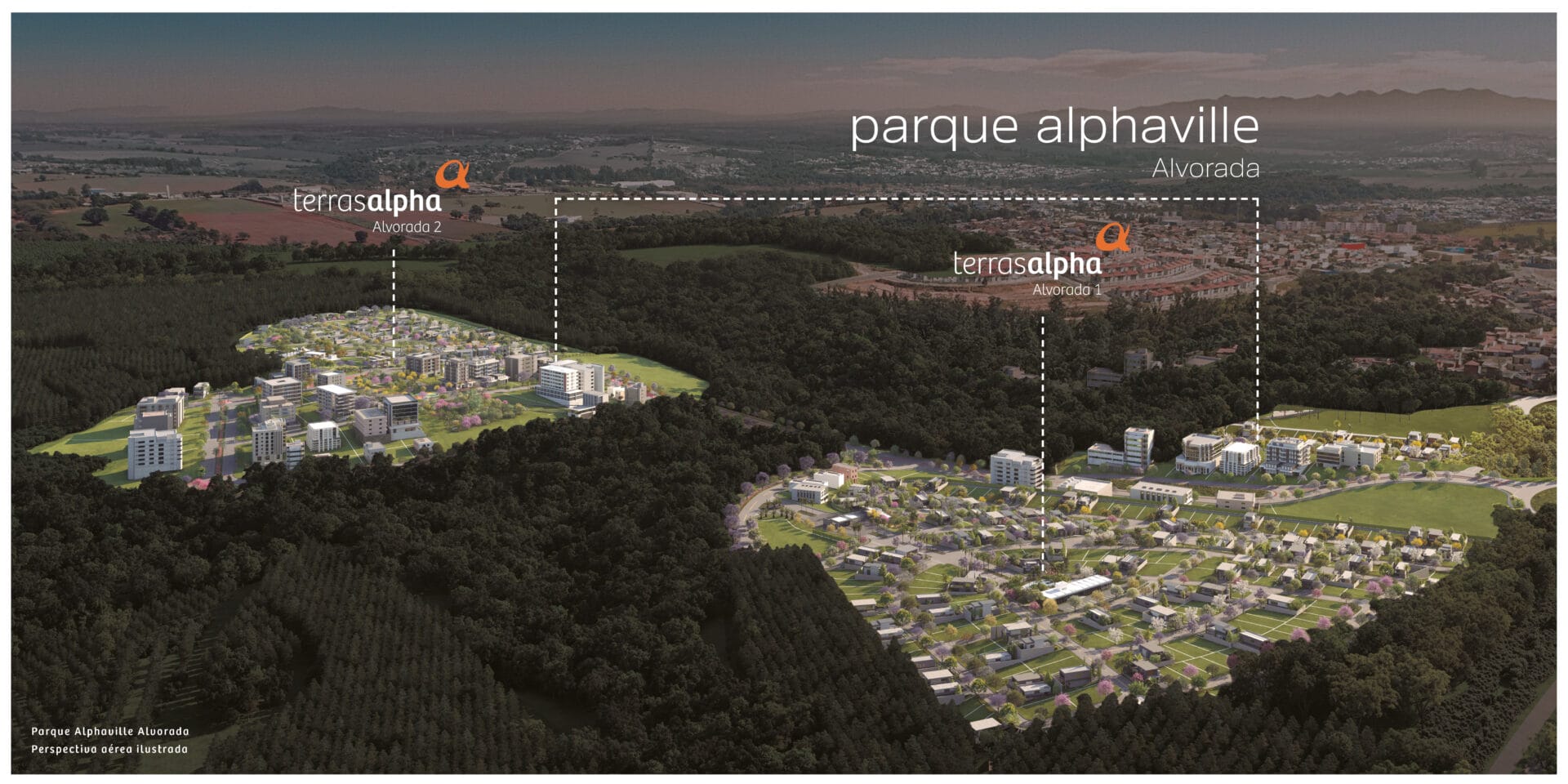 Fotomontagem aérea do Parque Alphaville Alvorada em Sorocaba mostrando Terras Alpha 1, Terras Alpha 2 e áreas comerciais integradas à natureza